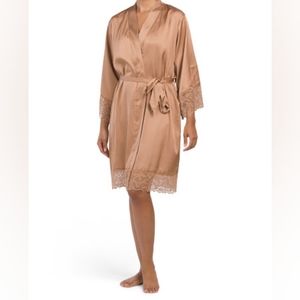 Satin Robe with Lace Trim by Belle Verre Notte, M, Macaroon, NWT